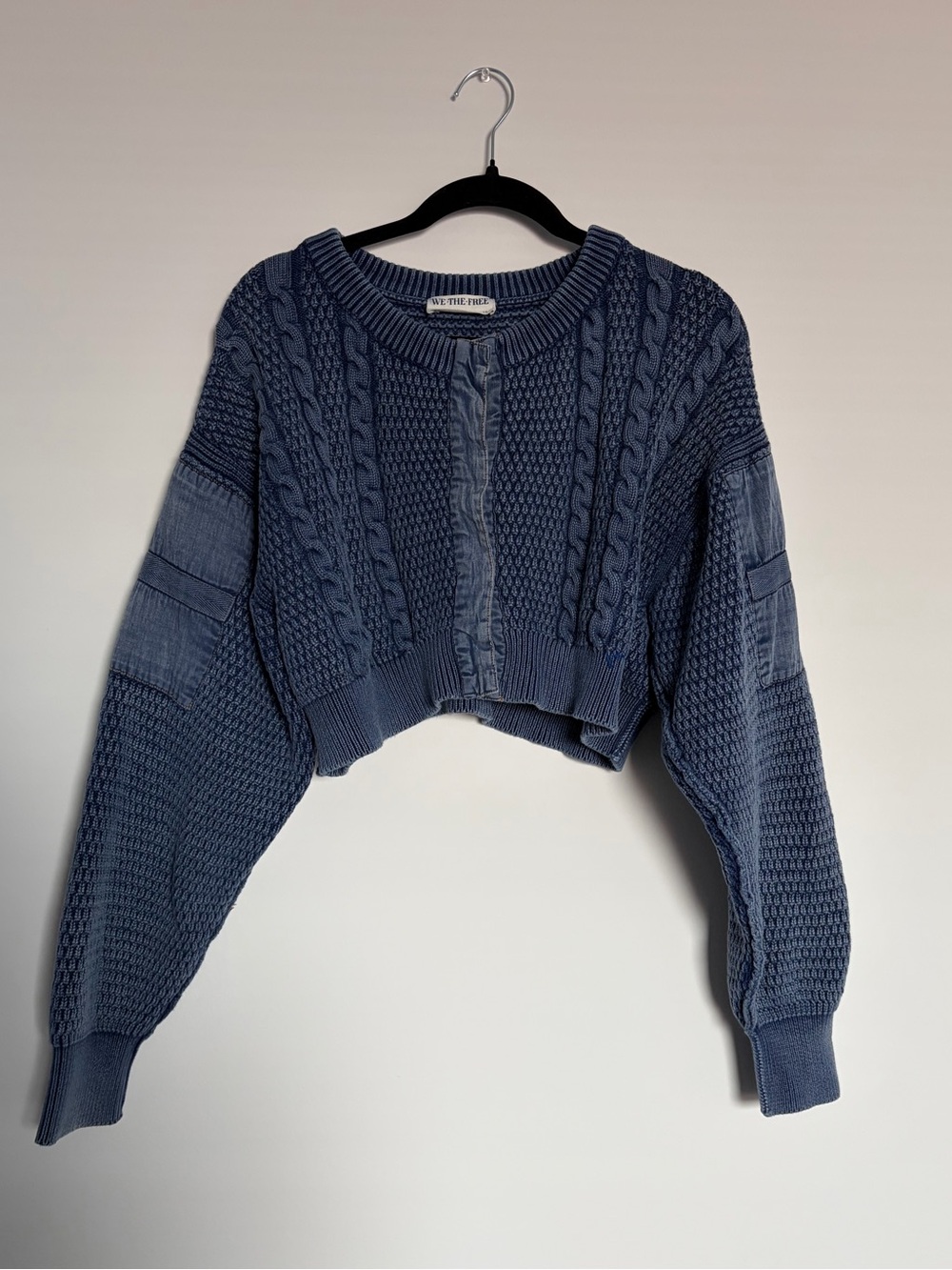 Free People We The Free Mixed Media Cable Knit Cardigan M Denim Blue Cropped